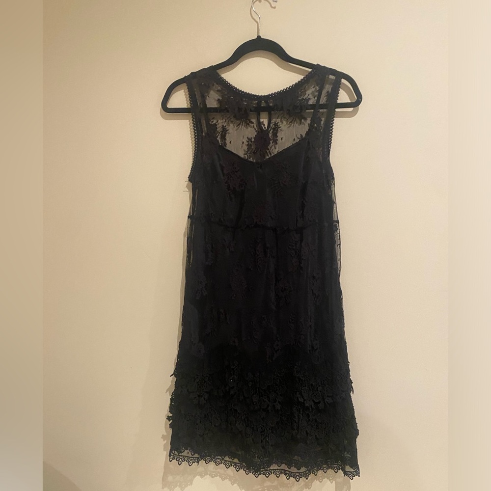 Black Floral Lace Mini Dress with Slip